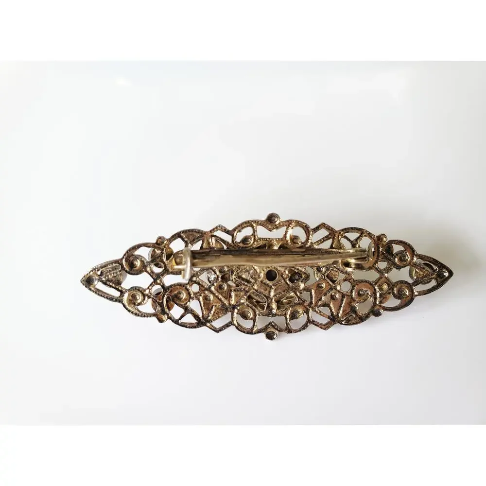 Vintage Art Deco Filigree Green Stone and Pearl Brooch